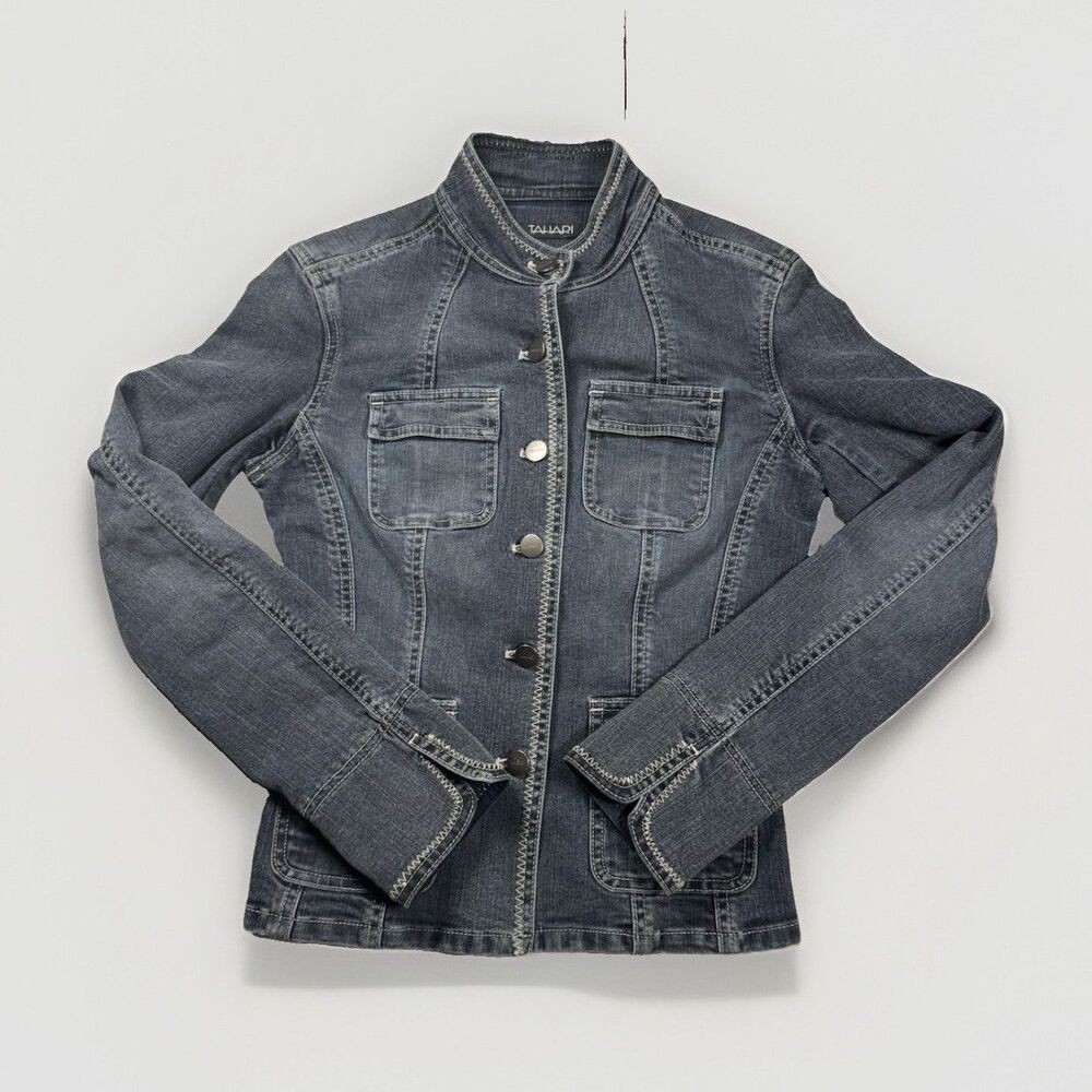 Vintage 90s Tahari XS Gray Denim Jacket Short Button Front Long Sleeve Pockets